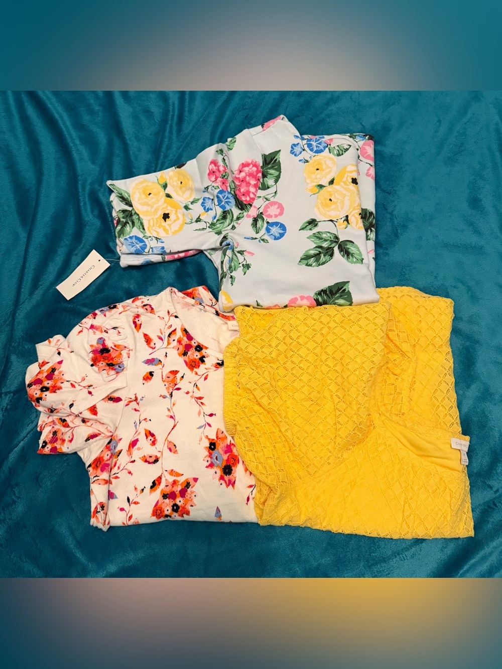Lot Of 3 Charter Club Short Sleeve Women’s Tops Floral, Yellow Eyelet Medium